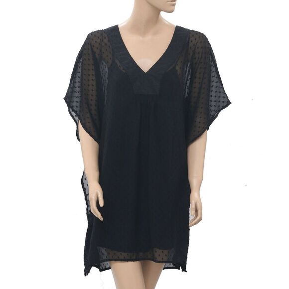 Free People Swiss Dot Embroidered Kaftan Mini Dress Coverup Black XS NEW 283345 - Picture 1 of 4